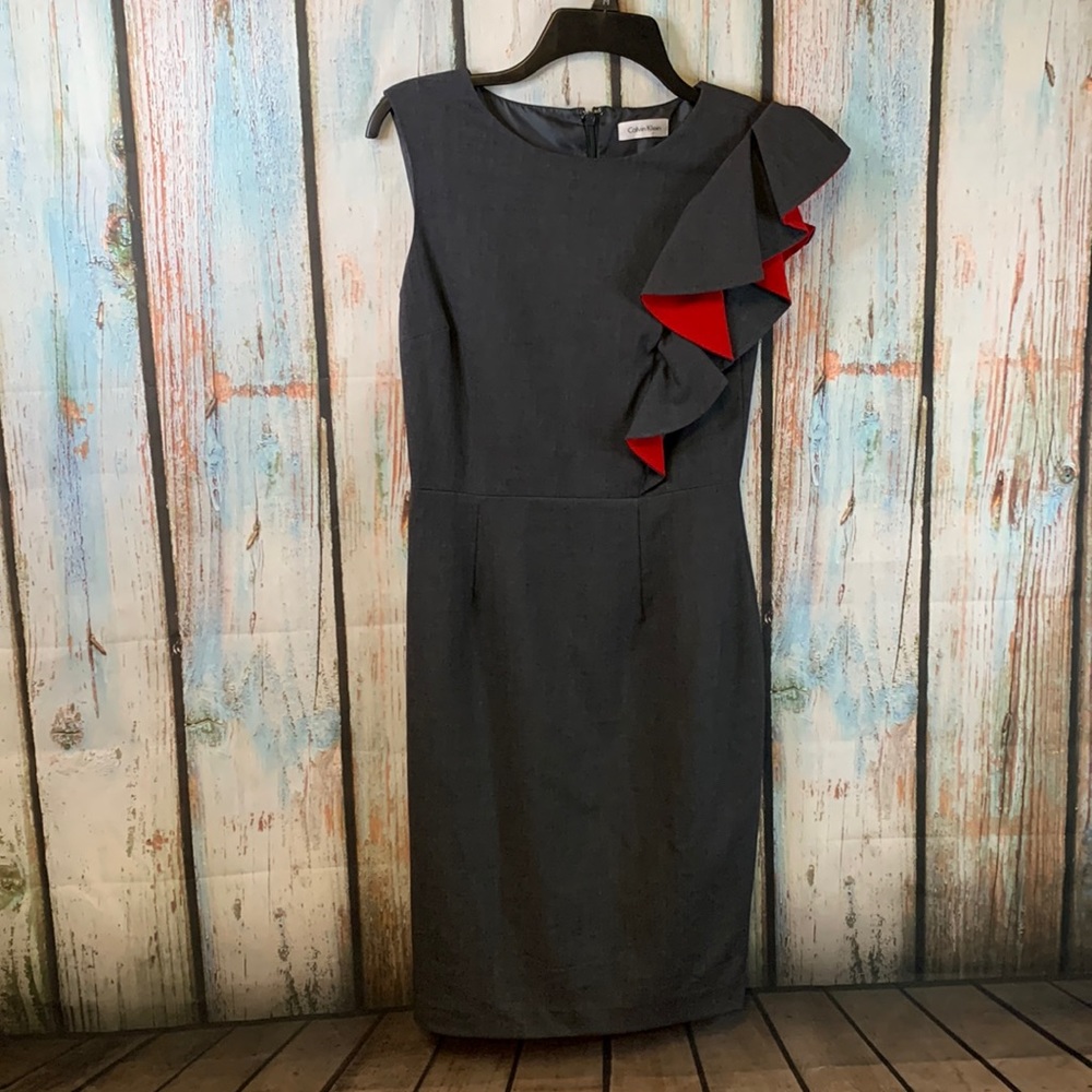 Calvin Klein Gray & Red Ruffled Lined Dress